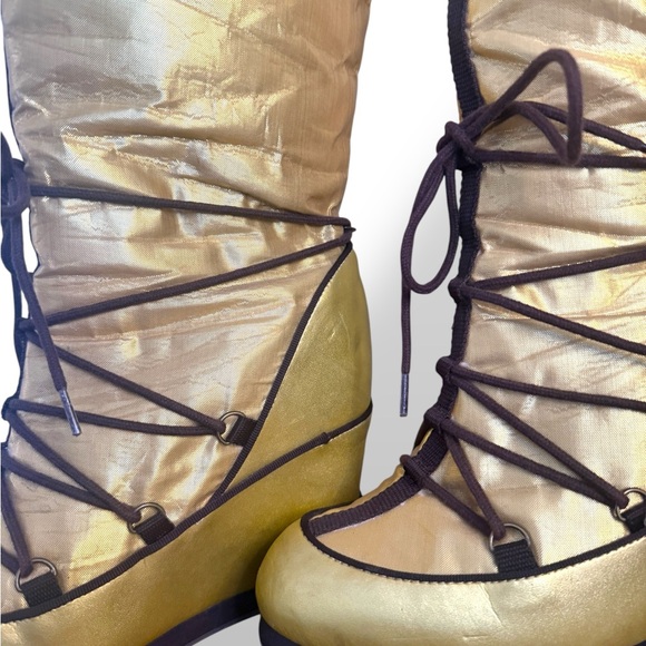 Vintage Colin Stuart Metallic gold Brown Lace Wedge Moon Boots Knee High 6.5 - Picture 5 of 15